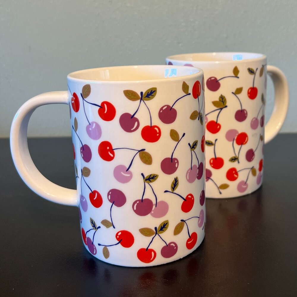Room Essentials RED PURPLE CHERRIES NWT Set of 2 Stoneware Coffee Cups Mugs